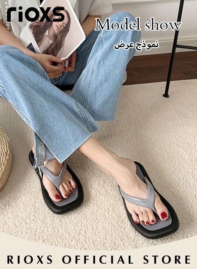 RIOXS Women's Flip Flops, Lightweight Thong Slides for Women, Anti-slip Square Toe Flat Slippers, Ladies Slip On Shower Slippers, Flip Flop Sandals for Beach, Womens Fashion Flip-Flops, Soft Comfort Flip-flops Slipper, Minimalist Flip Flops Grey Open-toed Footwear - Image 3